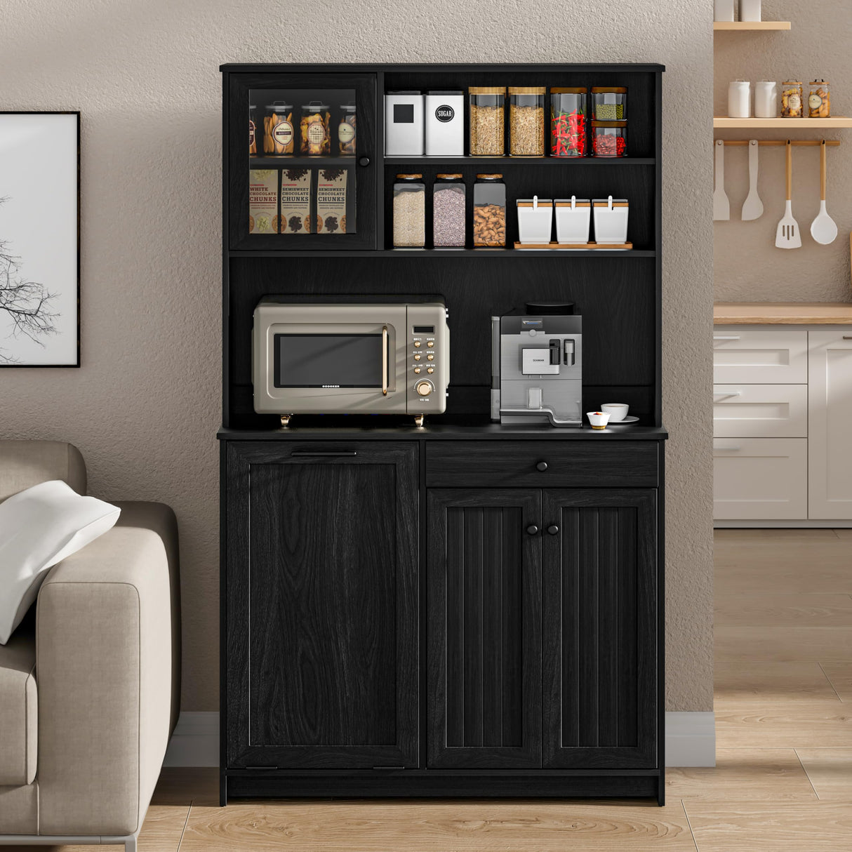 OLD CAPTAIN Tilt Out Trash Cabinet with Deodorising Function, Kitchen Hutch with Microwave Shelf and Drawer, Kitchen Pantry with Trash Cabinet for 10 Gallons, Black OLD CAPTAIN