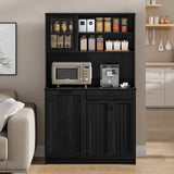 OLD CAPTAIN Tilt Out Trash Cabinet with Deodorising Function, Kitchen Hutch with Microwave Shelf and Drawer, Kitchen Pantry with Trash Cabinet for 10 Gallons, Black OLD CAPTAIN