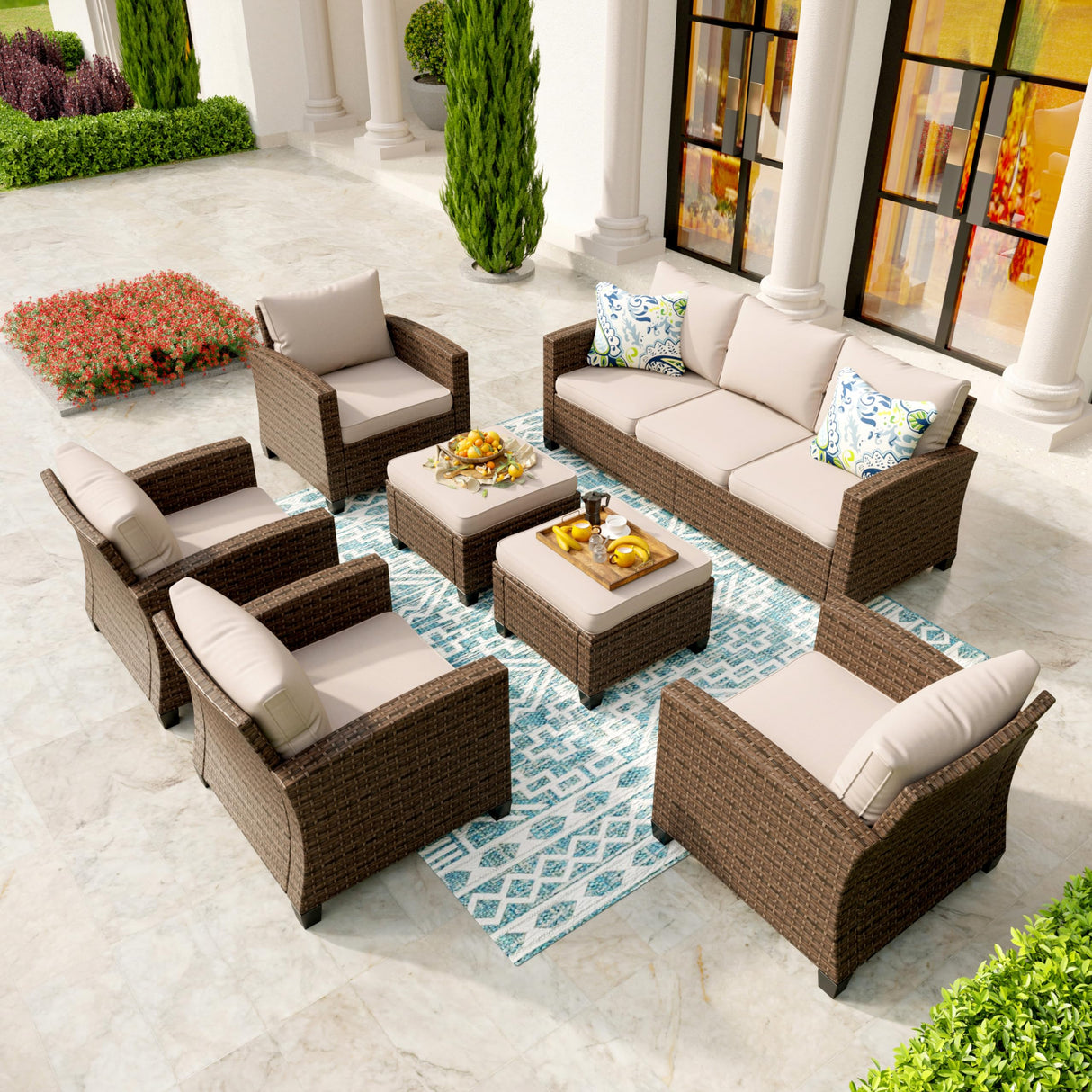 SUNSHINE VALLEY Patio Conversation Set Outdoor Furniture Brown Wicker Rattan Sets with Cushion Sectional Furniture,7 Pieces 9 Seats,Beige SUNSHINE VALLEY