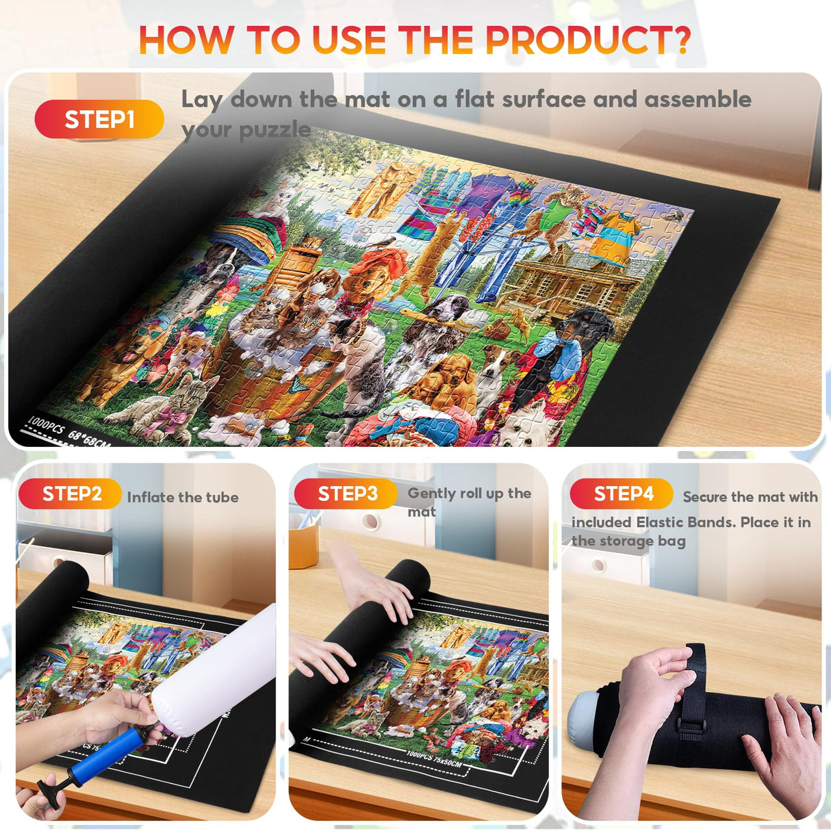 Jigsaw Puzzle Mat Roll Up to 1500 2000 3000 Piece Portable Table Puzzle Board Mat Saver Keeper with 6 Sorting Trays, Storage Bag, Inflatable Roller, Smooth Top & Non-Slip Felt Bottom for Kids Adults Brmoka