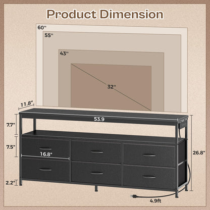 Huuger LED TV Stand for Bedroom, 55 Inch Dresser with Power Outlets, Entertainment Center for 60, 55, 50 Inch TV, 6 Drawer Dresser for Bedroom, Chest of Drawers with Open Shlef, PU Leather, Black