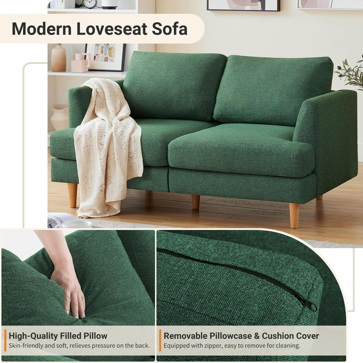 Busaurus Loveseat Sofa 56" Mid Century Modern Small Couches for Small Spaces Love Seat with 2-Seat Upholstered Cushion Sofa Couches for Bedroom, Living Room, Apartment, Office (Green) Busaurus