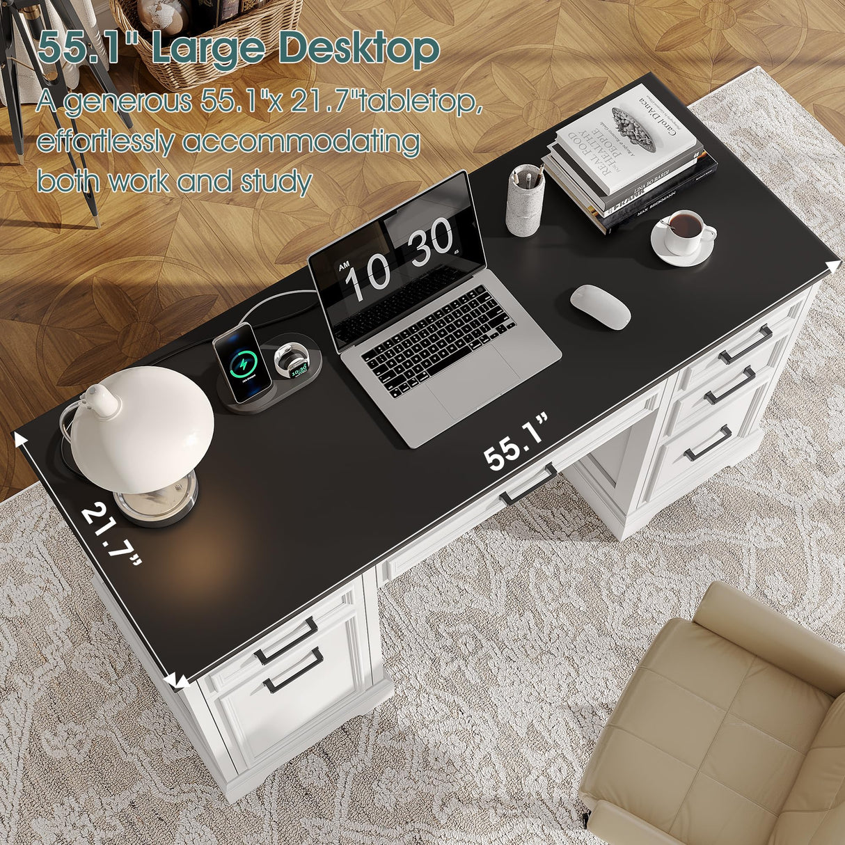 Fynar White Farmhouse Executive Desk with Drawers and Charging Station, 55.1" Wood Home Office Desk with Storage Cabinet,Morden Solid Computer Writing Desk for Study Work Table for Home Office (White) Fynar