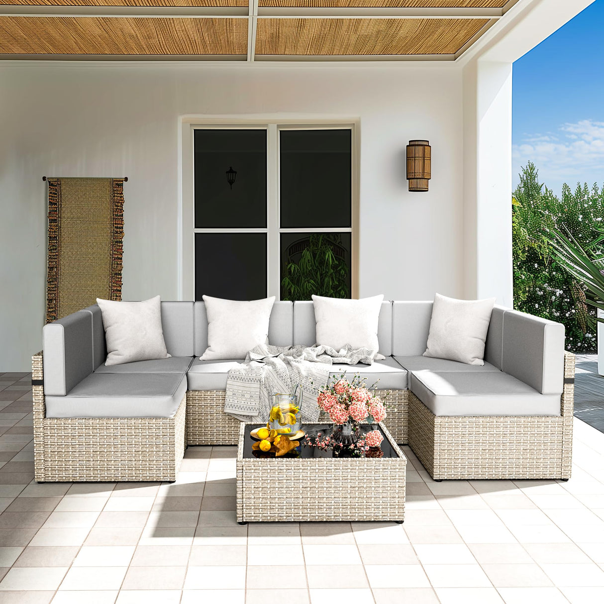 Pamapic Patio Furniture Set, 7 Pieces Modular Outdoor Sectional,Wicker Patio Sectional Sofa Conversation Set, Rattan Sofa with Coffee Table and Washable Cushions Covers, Grey Rattan(Grey Cushions) Pamapic