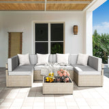 Pamapic Patio Furniture Set, 7 Pieces Modular Outdoor Sectional,Wicker Patio Sectional Sofa Conversation Set, Rattan Sofa with Coffee Table and Washable Cushions Covers, Grey Rattan(Grey Cushions) Pamapic
