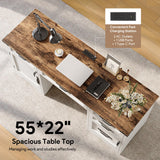 Decofy Farmhouse Executive Desk with Drawers, 55" Home Office Desks with Fast Charging Station, Lockable File Cabinet, Wood Writing Computer Desk for Work, Study, White Decofy