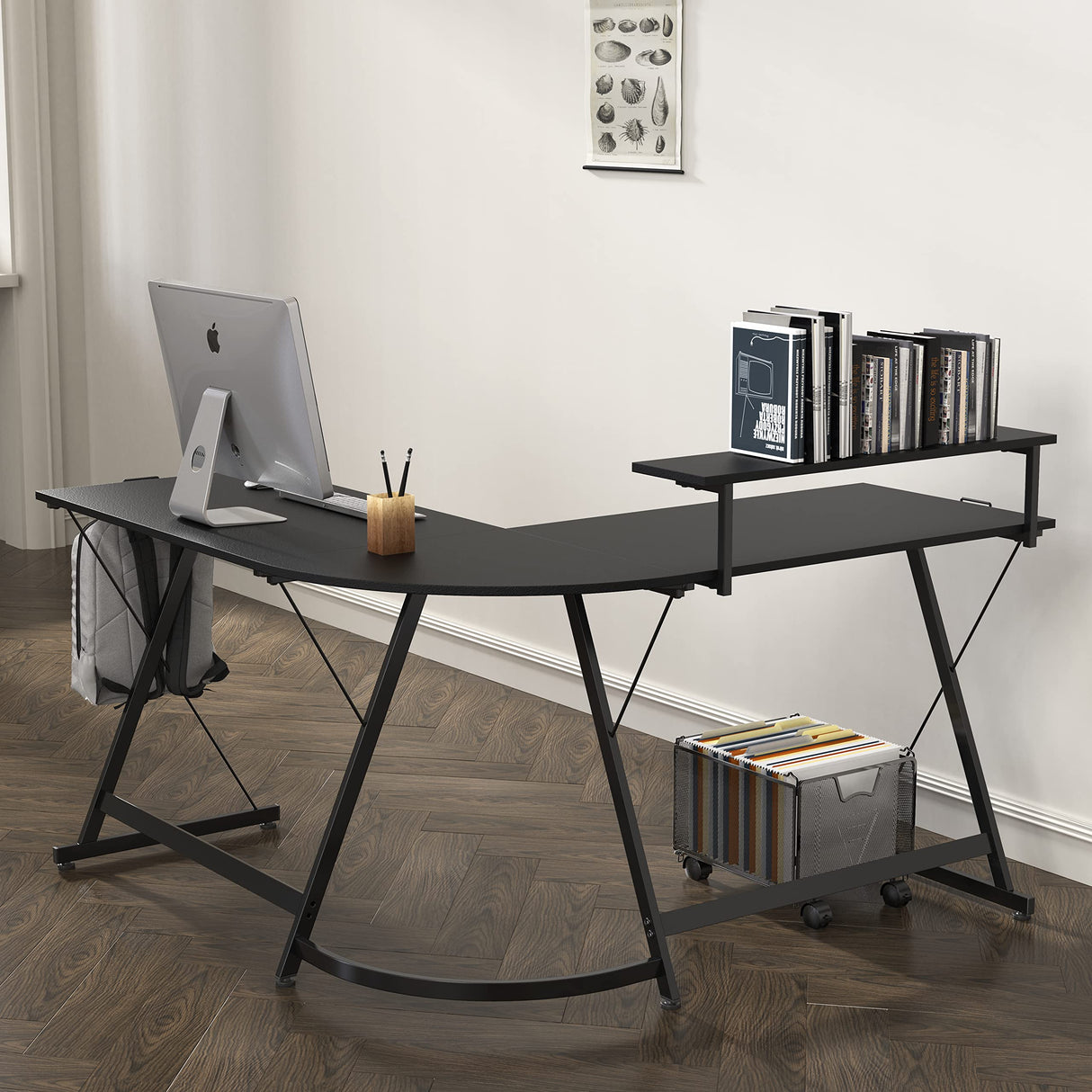 SHW Vista L-Shape Desk with Monitor Stand, Black SHW