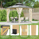 HarmonyHealth 10 x 10 Ft Wood Gazebo, Upgrade Wooden Frame, Double Galvanized Steel Roof, Hardtop Gazebo With Nettings And Curtains For Backyard, Patio, Garden And Lawn,Khaki HarmonyHealth