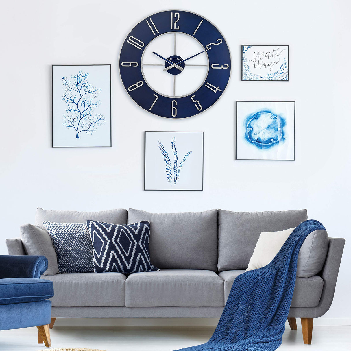 Bulova Steel Oversize Wall Clock, 27", Silver and Blue Bulova