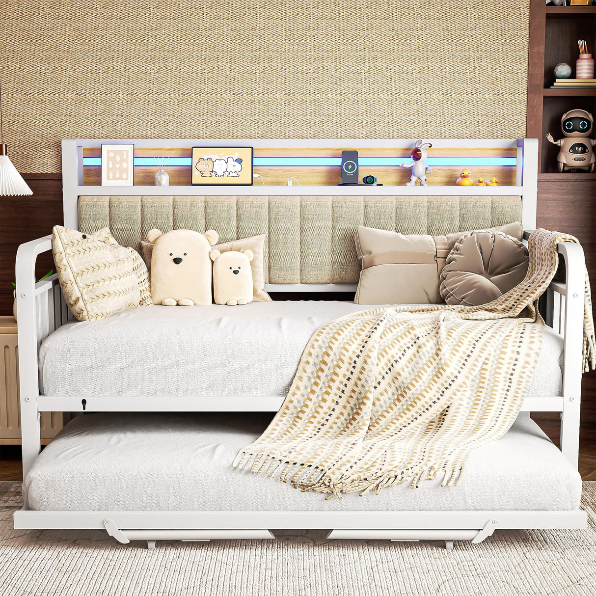 Daybed with Trundle and LED Light, Heavy Duty Metal Twin Bed Frame with Upholstered Storage Headboard & Charging Station, Day Bed Pop Up Trundle Bed Twin for Living Room,Bedroom and Guest Room (White) Jocoevol