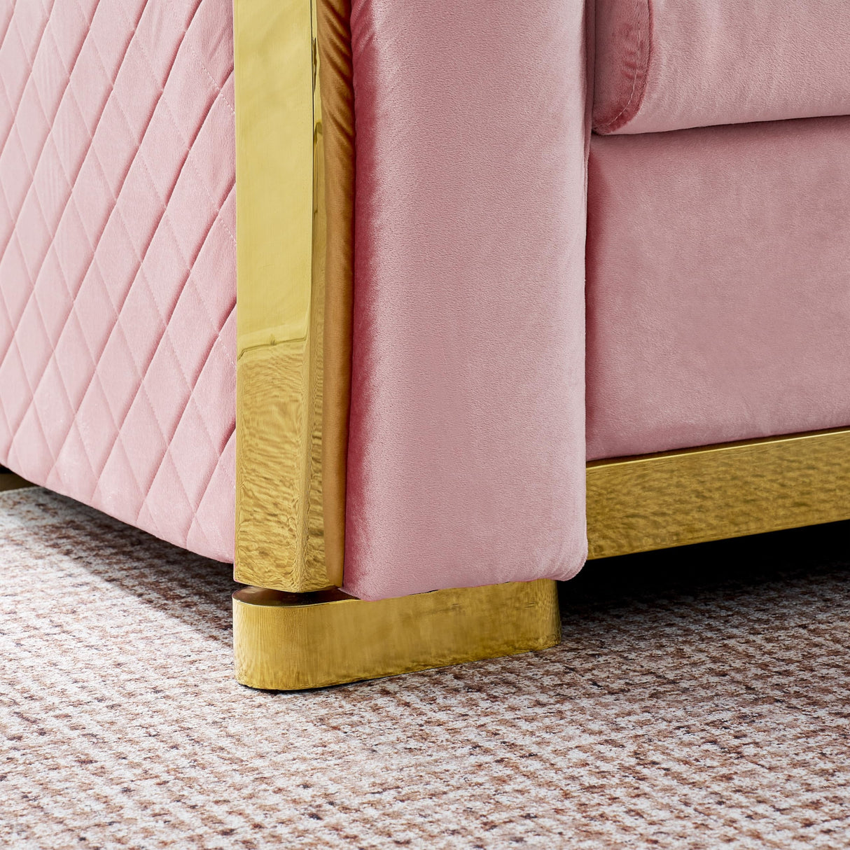 KEIKI 106" L-Shaped Luxury Velvet Chesterfield Sectional Sofa with Gold Stainless Steel Accents and 5 Pillows, Mid-Century Oversized 5-Seater Button Tufted Couch, Easy Assembly, for Living Room, Pink KEIKI