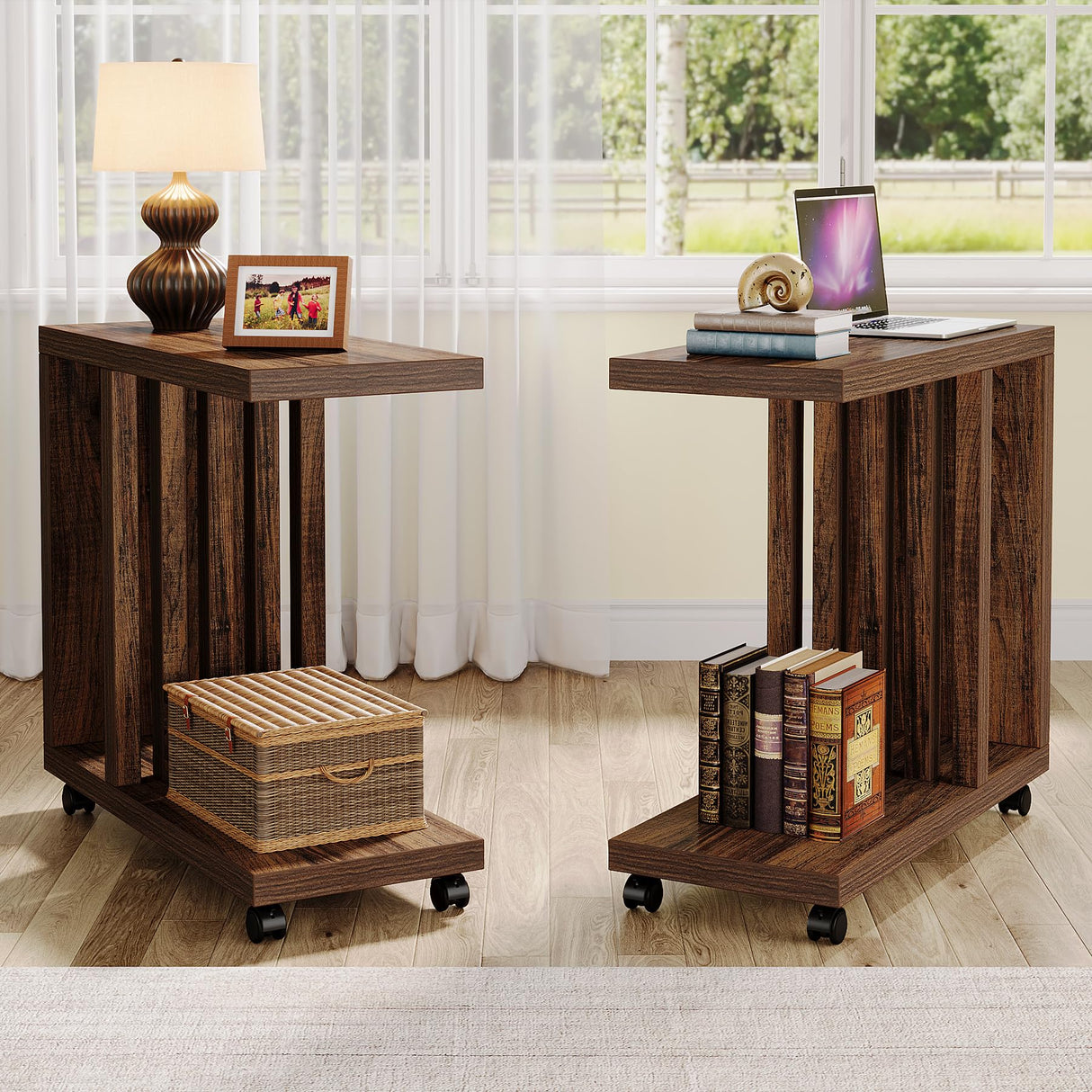 Tribesigns C-Shaped End Table, 2-Tier Side Table for Couch and Bed, Small Couch Table with Lockable Wheels, Wood Bedside Table for Living Room, Bedroom, Set of 2, Rustic Brown Tribesigns