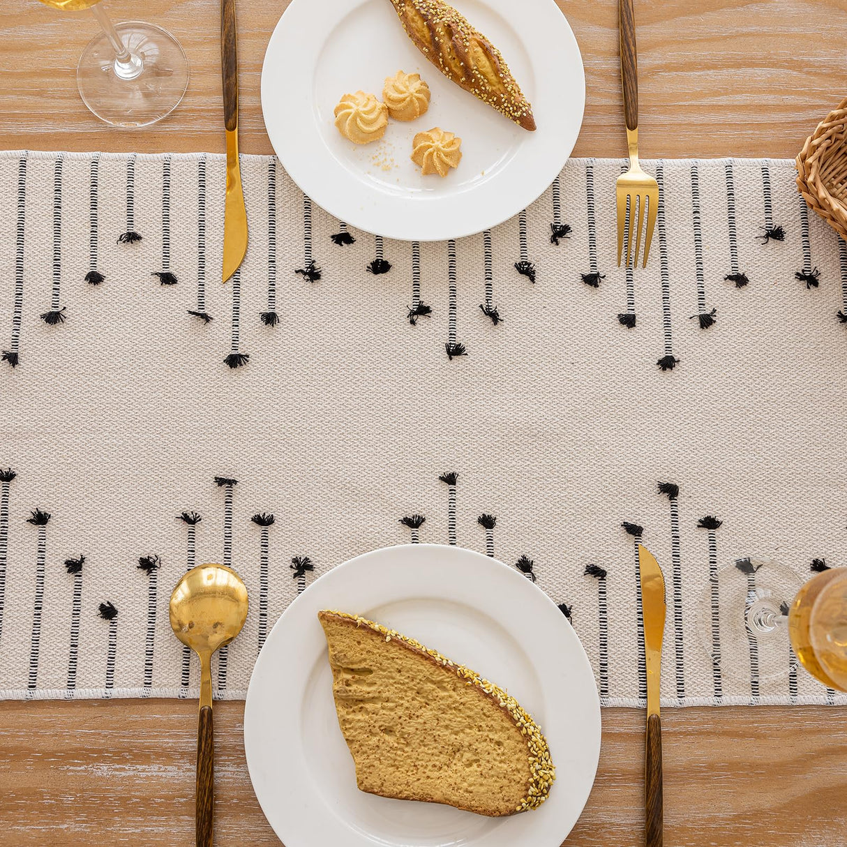 Joyfol Day Boho Table Runner, Farmhouse Stripe Cotton Table Runners with Tassels for Home Dining Table Decor, Rustic Natural Woven Dresser Scarf (Beige&Black,13 x 36 Inch) Joyfol Day