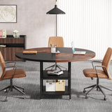 Tribesigns 47-Inch Round Conference Table for 4-6 People, Wood Meeting Room Table with Storage Shelf and Metal Legs, Modern Office Training Desk for Conference Room Seminar Room (Black Brown) Tribesigns