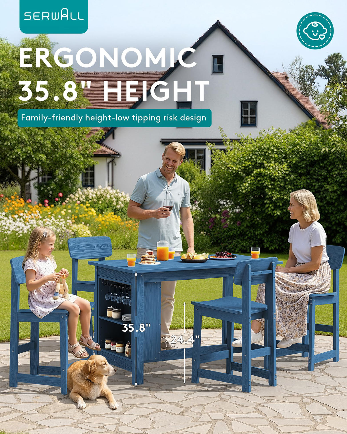 SERWALL Outdoor Bar Table, All Weather HDPE 36" Counter Height Dining Table with Storage and Wine Rack for Patio, Garden, Backyard, Balcony, Poolside, Blue SERWALL