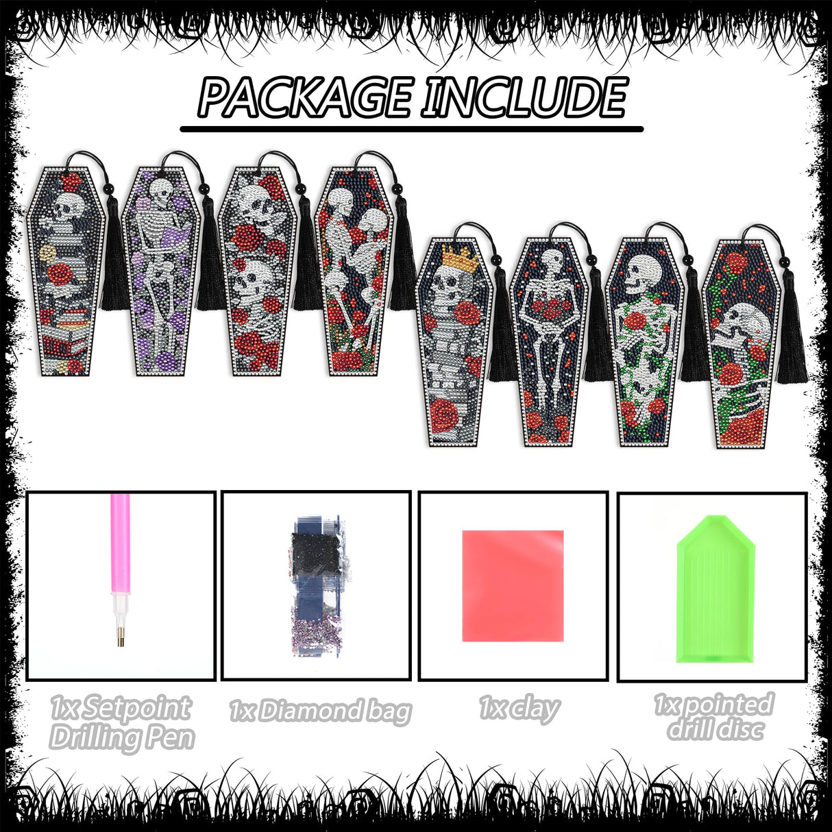 8 Pcs Gothic Skeleton Diamond Art Bookmarks Kit, Skull Halloween Diamond Painting Bookmarks with Tassels for Adults, DIY Horror Book Mark Craft Set for Women Men Reading Lovers CRASHOT