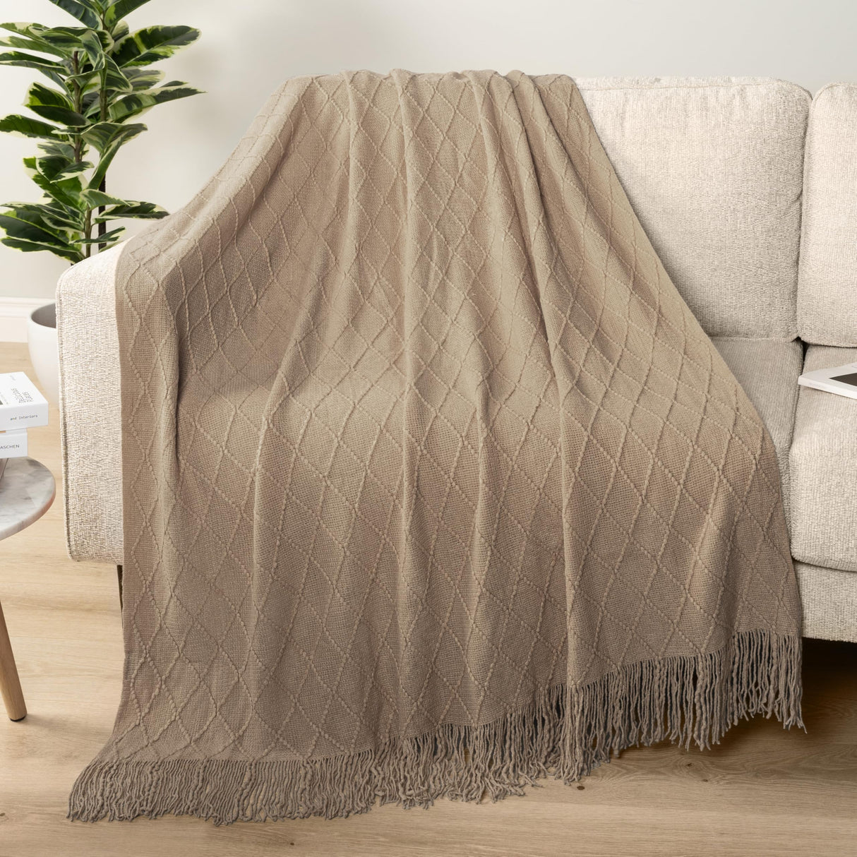 PAVILIA Tan Taupe Knit Throw Blanket for Couch Bed, Soft Knitted Farmhouse Sofa Throw for Living Room, Lightweight Decorative Fall Throw Blanket for Chair, Outdoor Textured Boho Blanket, 50x60 PAVILIA