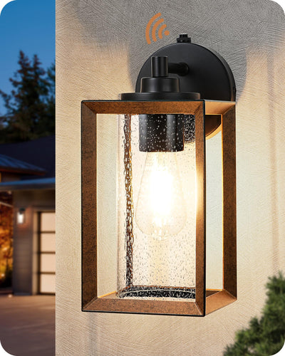EDISHINE Dusk to Dawn Outdoor Wall Lights, Farmhouse Exterior Lighting Fixtures with Seeded Glass, Wood Grain Finish Porch Light Wall Mount Lantern Waterproof Outside Wall Sconce Lamp, E26 Base