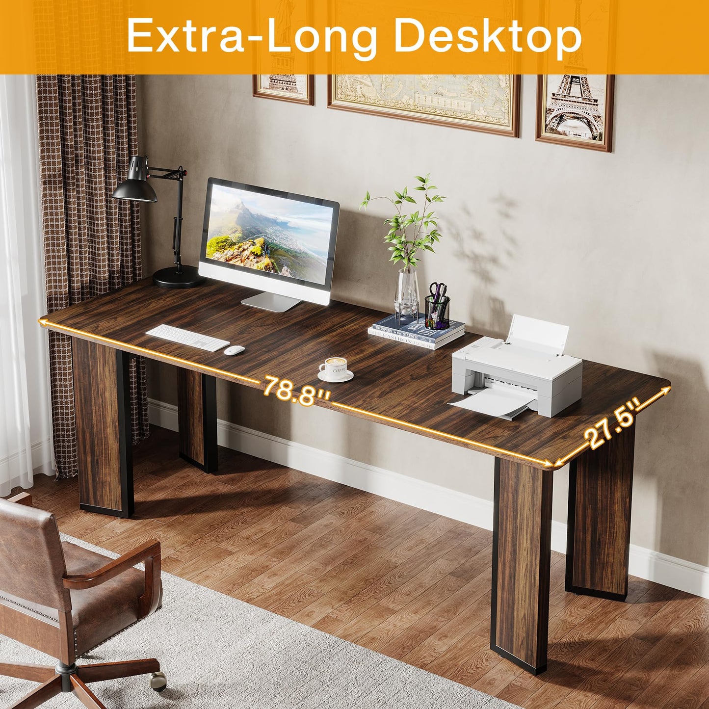 LITTLE TREE 78.8 inch Extra Long Computer Desk, 2 Person Home Office Desks Simple Large Workstation Wood Writing Table Double Long Desk for Home Office Bedroom Study, Black Rustic Brown - WoodArtSupply