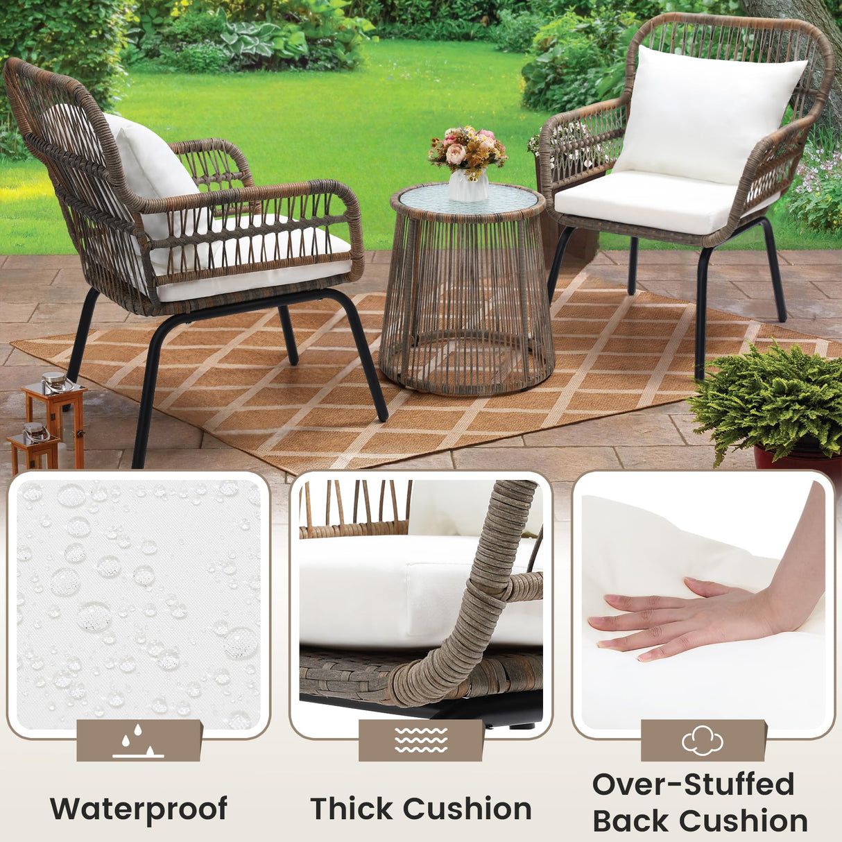 wildformers 3 Piece Rattan Wicker Bistro Set, Outdoor Conversation Furniture Set with Glass Top Table, Space Saving for Balcony, Backyard, Natural wildformers