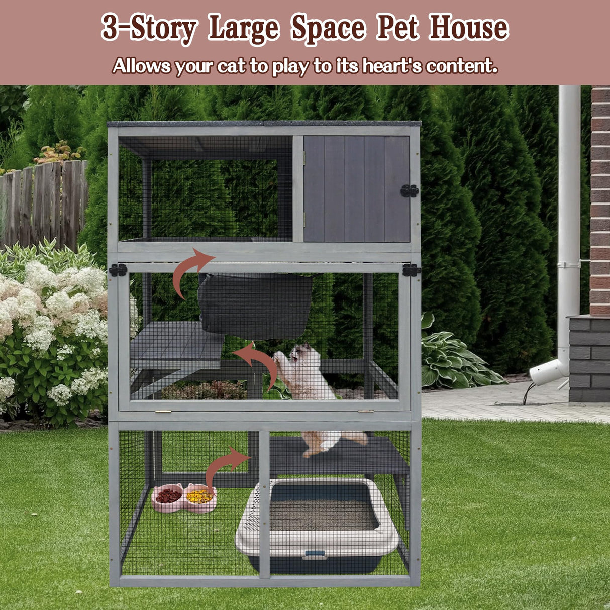 Wooden Cat House Outdoor Cat Enclosure with 3 Floors and Weatherproof Roof Indoor Large Cat Catio for Cats with Hammock & Resting Box Akinerri