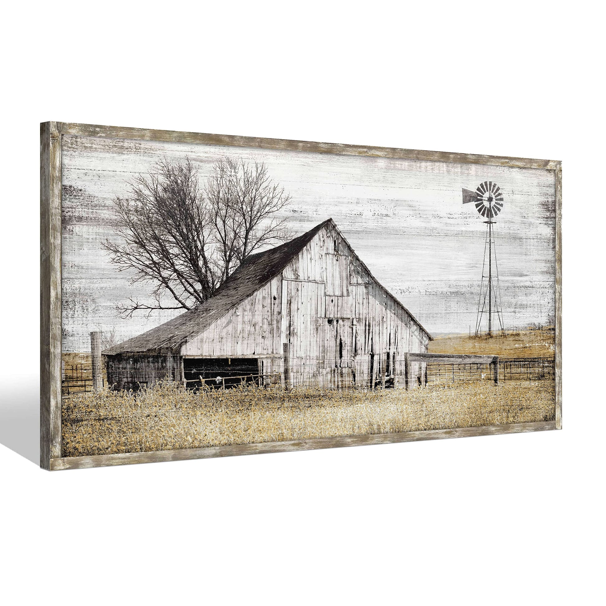 Barn Framed Wall Art Farmhouse: Rustic Farm Wood Picture Decor Large Windmill Country Scene Painting Horizontal Nature Landscape Artwork Panoramic Countryside View Print for Home Living Room  - WoodArtSupply