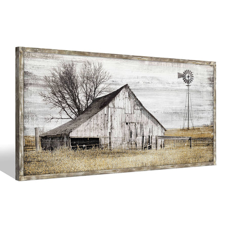 Farmhouse Framed Wall Art Picture: Rustic Barn Farm Wood Artwork Decor Large Country Landscape Windmill Print Horizontal Panoramic Countryside Rural Nature Scene Painting for Living Room Bedroom SD SOFT DANCE