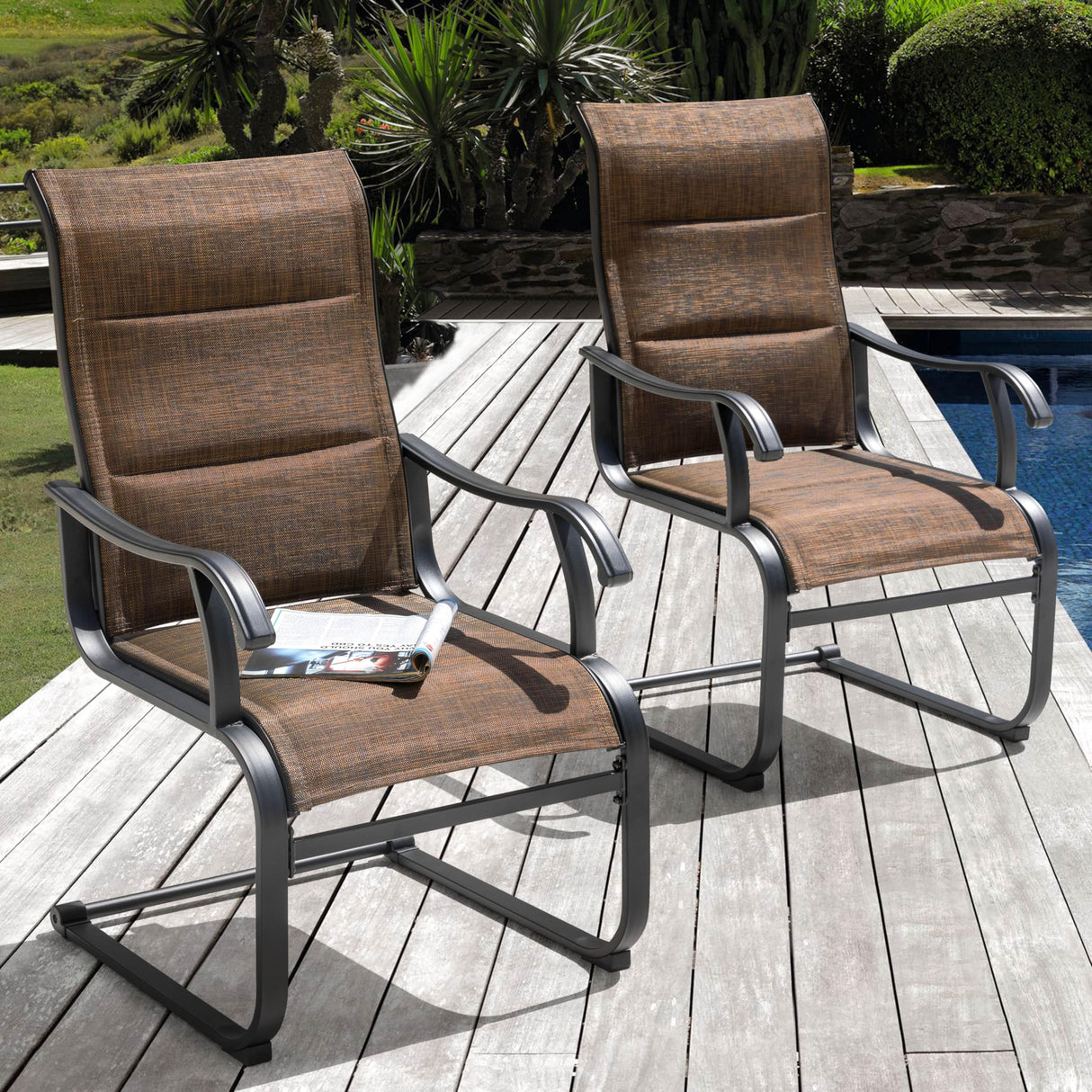 NUU GARDEN Patio Dining Chairs Set of 4, All Weather Outdoor Padded Textilene Patio Chairs, Breathable Spring Motion Textile High Back Outdoor Dining Chairs for Backyard, Lawn, Deck, Brown NUU GARDEN
