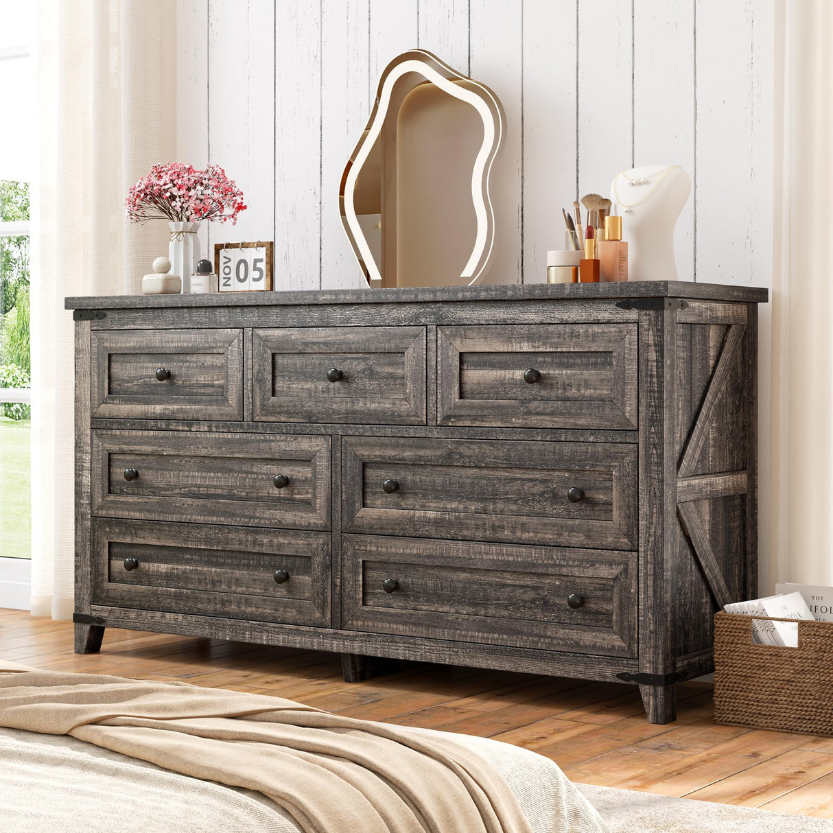 EnHomee Dresser for Bedroom with 7 Drawers Wood Dresser with Smooth Metal Rail Long Dressers & Chests of Drawers Farmhouse Dresser for Bedroom Dresser TV Stand for Bedroom, Closet, Dark Rustic Oak EnHomee