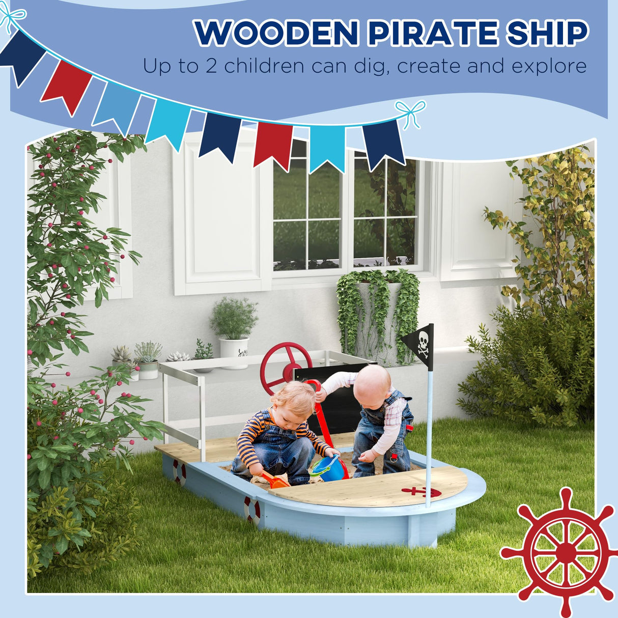 Outsunny Kids Wooden Sandbox, Pirate Ship Sand Pit with Flag, Blackboard, Rudder, Anchor Sign, Storage Deck for Backyard Garden, Gift for Age 3-7 Years, 68" x 44" x 39", Blue Outsunny