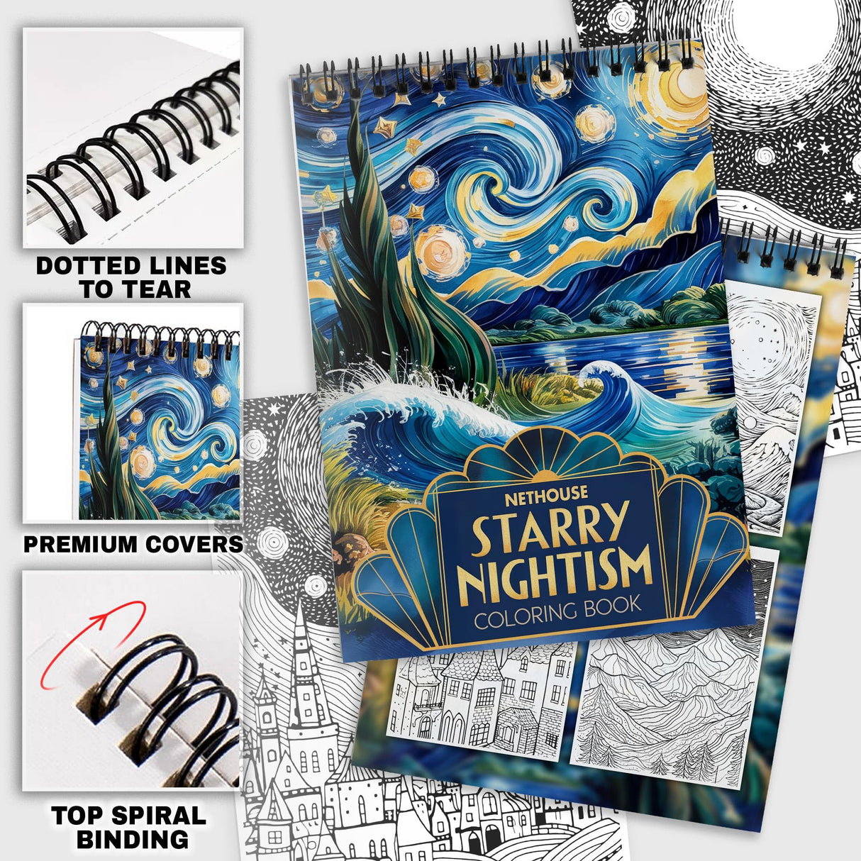 NETHOUSE Starry Nightism Coloring Book for Adults Relaxation & Stress Relief, 30 Coloring Pages of Whimsical Celestial Nights, Dreamy Nightscapes, Celestial Patterns, Cosmic Art NETHOUSE