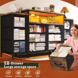 EnHomee 55" W Dresser for Bedroom with LED Lights & Charging Station 12 Drawer Dressers & Chests of Drawers Dresser TV Stand for Bedroom for Hanging 65" TV, Metal Frame & Fabric Drawers, Rustic Brown EnHomee