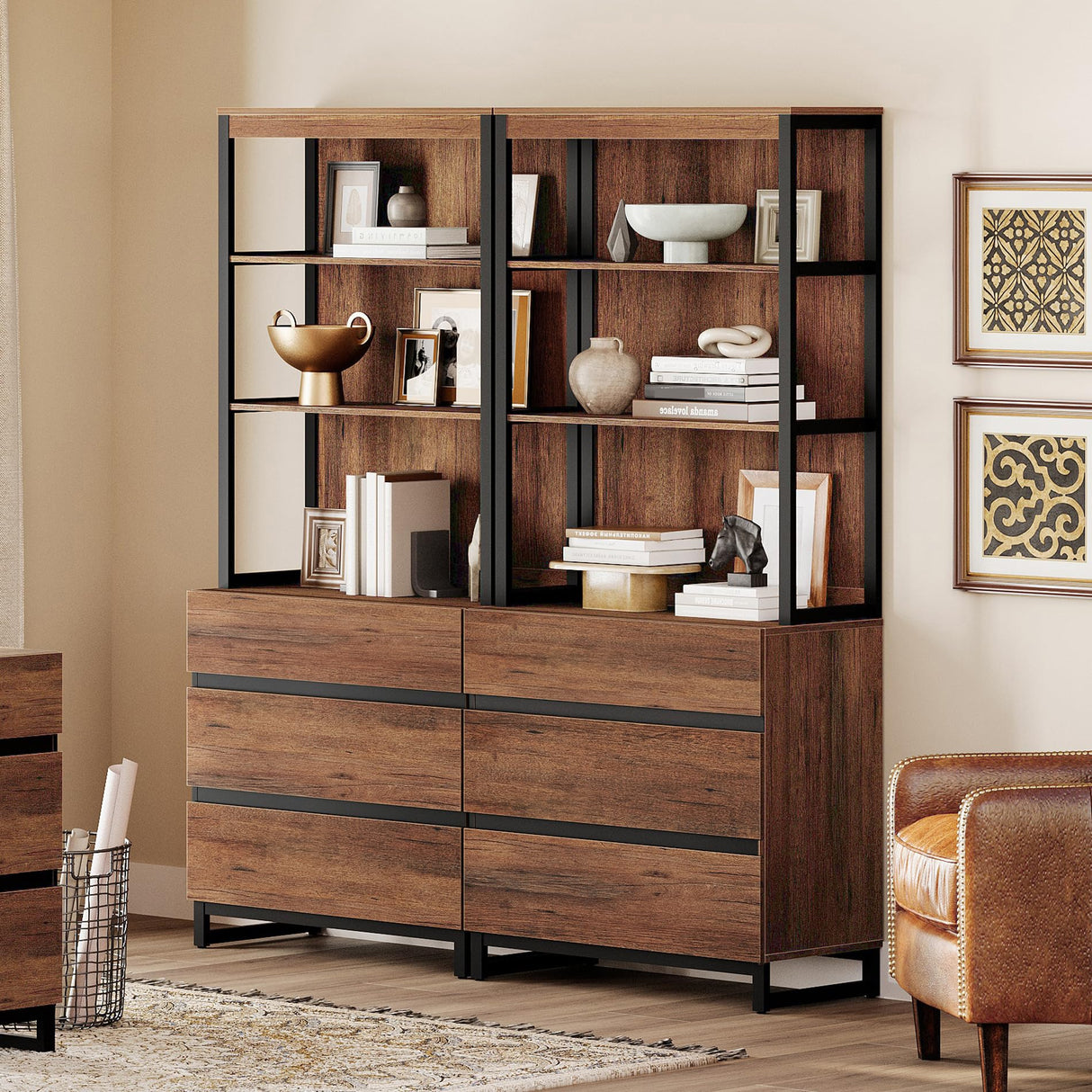 WAMPAT 2 PCS Modern 72" Tall Bookcase with 6 Drawers and Open Book Shelfs, Library Book Shelf with Storage Cabinet and Metal Base, Wood Freestanding Bookshelves for Home Office, Living Room, Brown WAMPAT