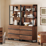 WAMPAT 2 PCS Modern 72" Tall Bookcase with 6 Drawers and Open Book Shelfs, Library Book Shelf with Storage Cabinet and Metal Base, Wood Freestanding Bookshelves for Home Office, Living Room, Brown WAMPAT