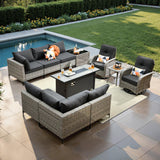 11 Pcs Patio Furniture with Fire Pit Table, Outdoor Rattan Wicker Conversation Set with Glowing Coffee Table, Comfy Sectional Sofa for Porch Balcony Backyard Pool, Black ovios