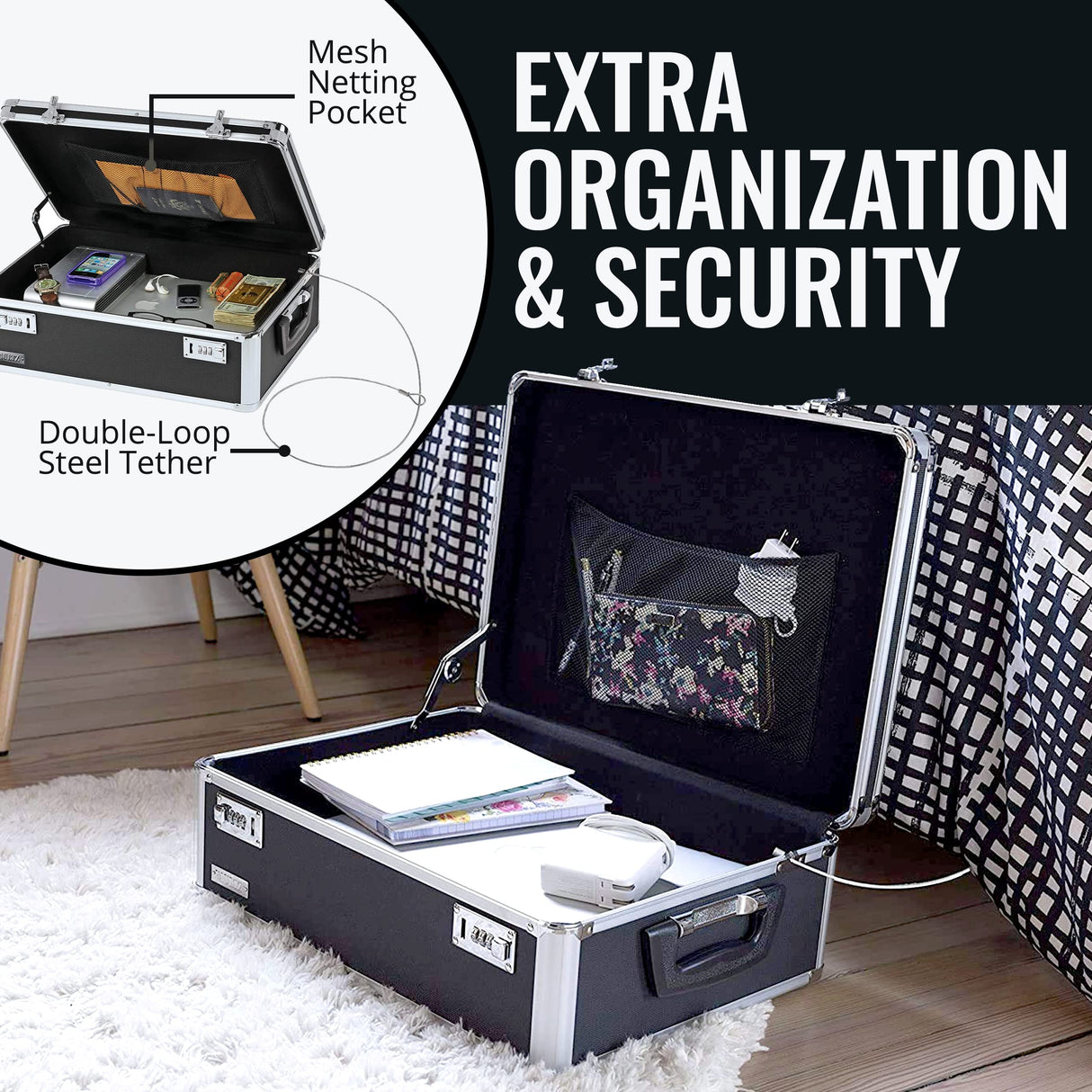 Vaultz Storage Lock Box - 6.5 x 23 x 13.5 Inch - Secure Dorm Storage Trunk with Combination Lock - Ideal Briefcase, Medicine Box, and Personal Item Lock Box - Store Cash, Laptop - Black/Silver Vaultz