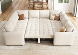 HONBAY Modular Sectional Sleeper Sofa with Pull Out Bed, Linen Convertible U Shaped Sectional Couch with Storage Seat, Sectional Couches for Living Room, Beige HONBAY