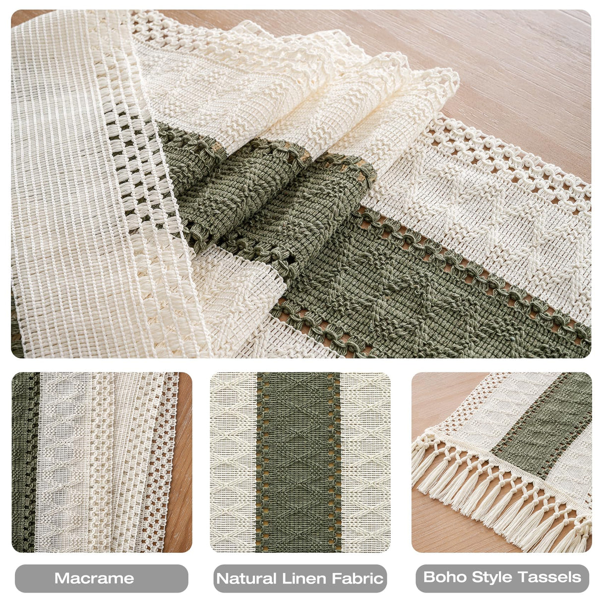 duduta Sage Green Macrame Table Runner 72 inch Long, Rustic Farmhouse Dresser Covers Boho Summer Coffee Table Decor duduta