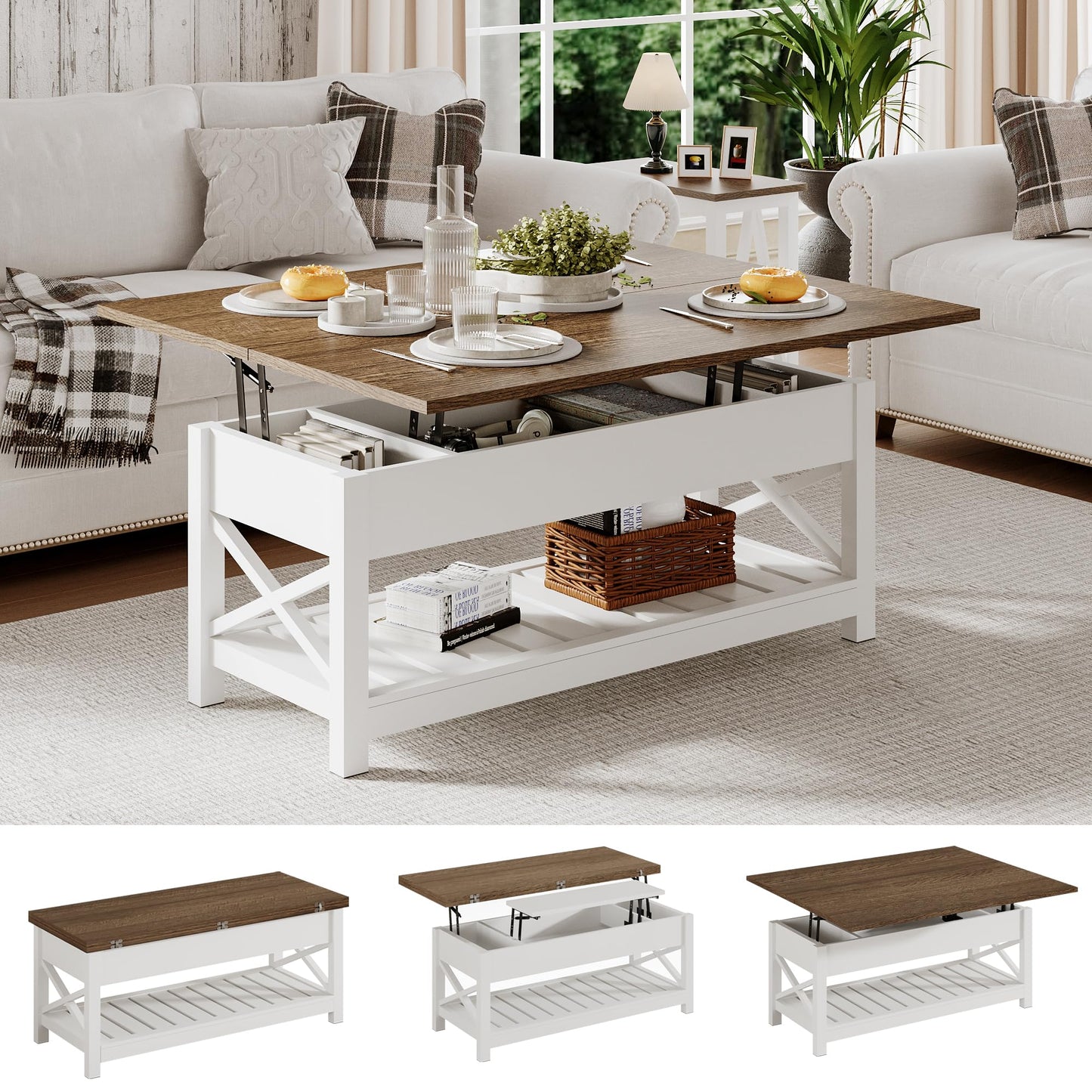 ChooChoo Farmhouse Lift Top Coffee Table, Multi-Function Convertible Coffee Table with Storage and Hidden Compartment, Coffee Table Converts to Dining Table for Living Room, 40 White & Brown - WoodArtSupply