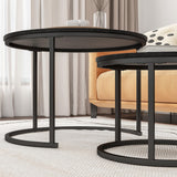 HOJINLINERO Round Coffee Table Set of 2 End Tables for Living Room,Black Coffee Table Nesting Tables,Living Room Table Wooden Accent Furniture Metal Frame,Sturdy Stacking Side Tables,Easy Assembly HOJINLINERO