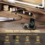 Makeup Vanity Desk with Lights, 47.2" Farmhouse Vanity Table with Sliding Mirror & Charging Station, Large Makeup Desk with 5 Drawers & 2 Cabinets, Rustic Oak MSmask