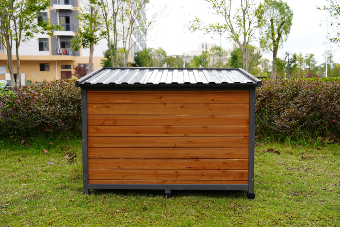 45'' Large Wood Dog House Outdoor Indoor Doghouse Puppy Shelter with Waterproof PVC Plastic Roof, Easy Assembly Sturdy Dog Kennel with Lockable Door, Air Vents and Elevated Floor, Gray Yellow