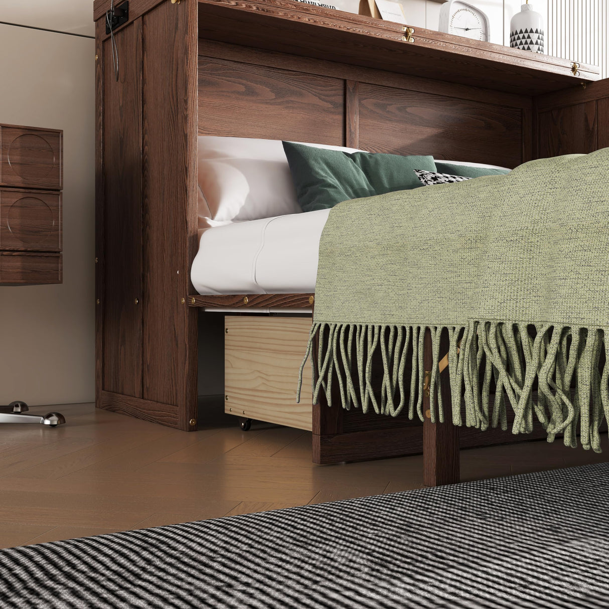 KEIKI Queen Size Cabinet Murphy Bed with Charging Station and Drawer, Multiple Storage Foldable Hideaway Wall Murphy Bed Frame with Solid Slat, No Box Spring Needed, Easy Assembly, for Bedroom, Walnut KEIKI