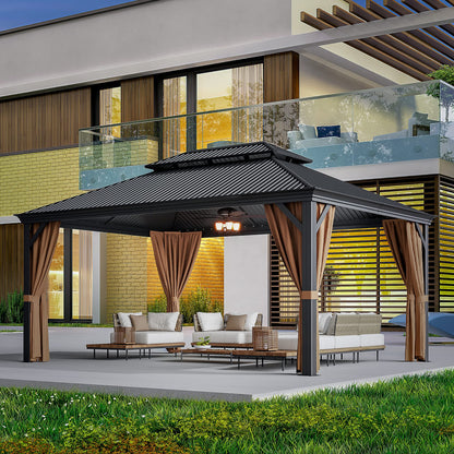 Greesum 12'x16' Hardtop Metal Gazebo, Outdoor Galvanized Steel Double Roof Canopy, Aluminum Frame Permanent Pavilion with Netting and Curtains for Lawns, Patio, Deck, Parties - WoodArtSupply