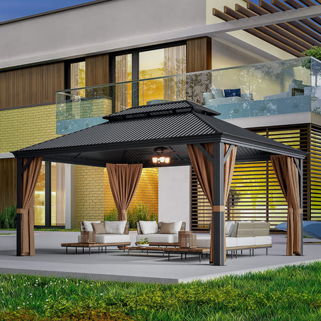 Greesum 12'x16' Hardtop Metal Gazebo, Outdoor Galvanized Steel Double Roof Canopy, Aluminum Frame Permanent Pavilion with Netting and Curtains for Patio, Backyard, Deck and Lawns Greesum