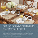 Elrene Home Fashions Farmhouse Living Sentiments Placemats, Burlap Placemats, Tan, Set of 4 Elrene