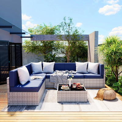 Pamapic 7 Piece Outdoor Sectional Sofa Set, All-Weather Patio Furniture with Washable Cushions, Waterproof Gray Rattan Wicker Conversation Set for Backyard, Poolside, Garden (Navy Blue Cushions)