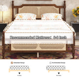SmartEdge Queen Size Rattan Bed Frame, Wood Platform Bed with Rattan Headboard and Footboard, Antique Queen Boho Bed Frame with Storage Underneath, No Box Spring Needed, Walnut SmartEdge