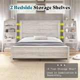 AMERLIFE King Bed Frame with Wide Headboard and 4-Tier Bookshelves, Farmhouse Platform Bed with Charging Station & 2 Drawers, Noise-Free, No Box Spring Needed, Rustic White AMERLIFE