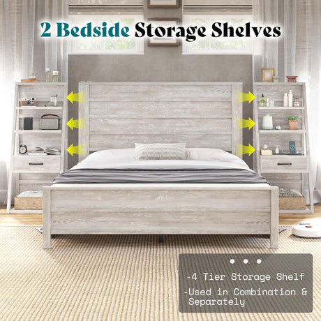 AMERLIFE Full Bed Frame with Wide Headboard and 4-Tier Bookshelves, Farmhouse Platform Bed with Charging Station & 2 Drawers, Noise-Free, No Box Spring Needed, Rustic White AMERLIFE